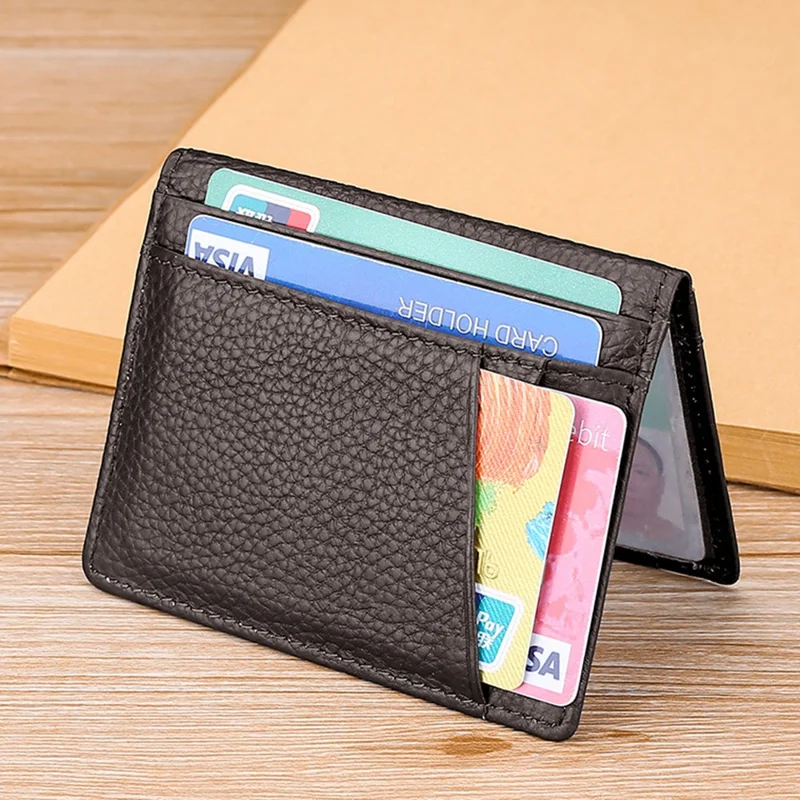 V6-J Slim Minimalist Card Case Cowhide Leather Passcase RFID Blocking Bifold Design Card Holder - Dark Coffee