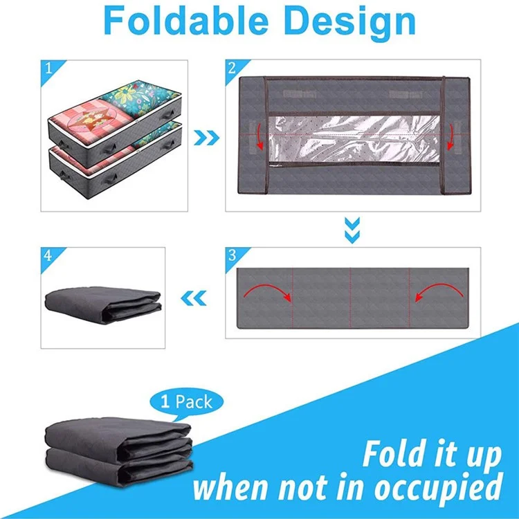 KZ-001001 1Pc 100*50*15cm Foldable Under Bed Storage Bag Zippered Organizer Blankets Clothes Storage Bin with Transparent Window - Grey