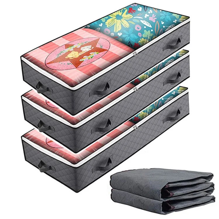 KZ-001001 3Pcs 100*50*15cm Foldable Under Bed Blankets Clothes Organizer Storage Bag Zippered Storage Bin with Transparent Window - Gris