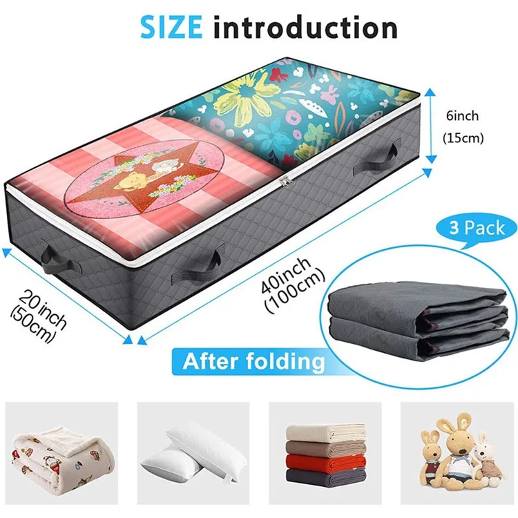 KZ-001001 3Pcs 100*50*15cm Foldable Under Bed Blankets Clothes Organizer Storage Bag Zippered Storage Bin with Transparent Window - Gris