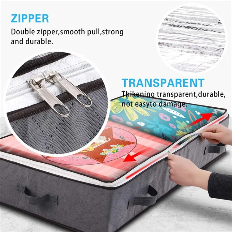 KZ-001001 3Pcs 100*50*15cm Foldable Under Bed Blankets Clothes Organizer Storage Bag Zippered Storage Bin with Transparent Window - Gris