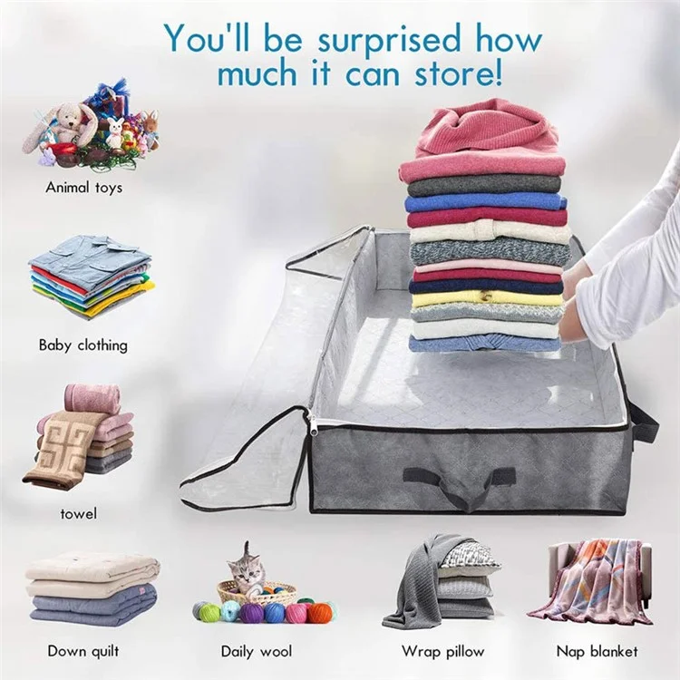KZ-001001 3Pcs 100*50*15cm Foldable Under Bed Blankets Clothes Organizer Storage Bag Zippered Storage Bin with Transparent Window - Gris