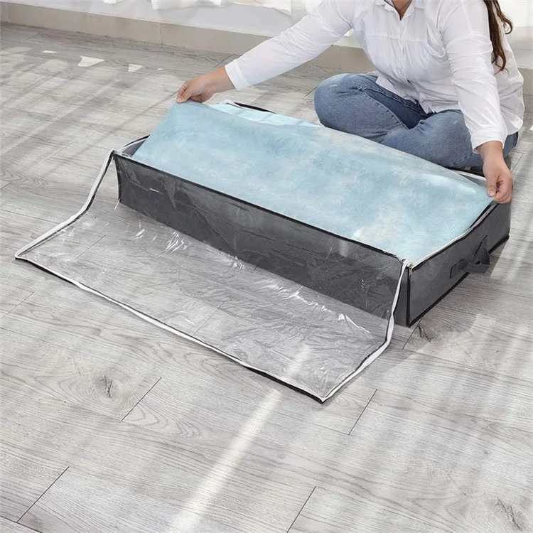 KZ-001001 3Pcs 100*50*15cm Foldable Under Bed Blankets Clothes Organizer Storage Bag Zippered Storage Bin with Transparent Window - Gris