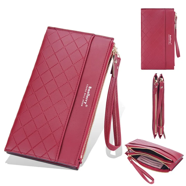 BAELLERRY N3238 Rhombus Stitching Lines Double Zipper Cellphone Clutch Women Purse PU Leather Long Wallet with Hand Strap - Rosso