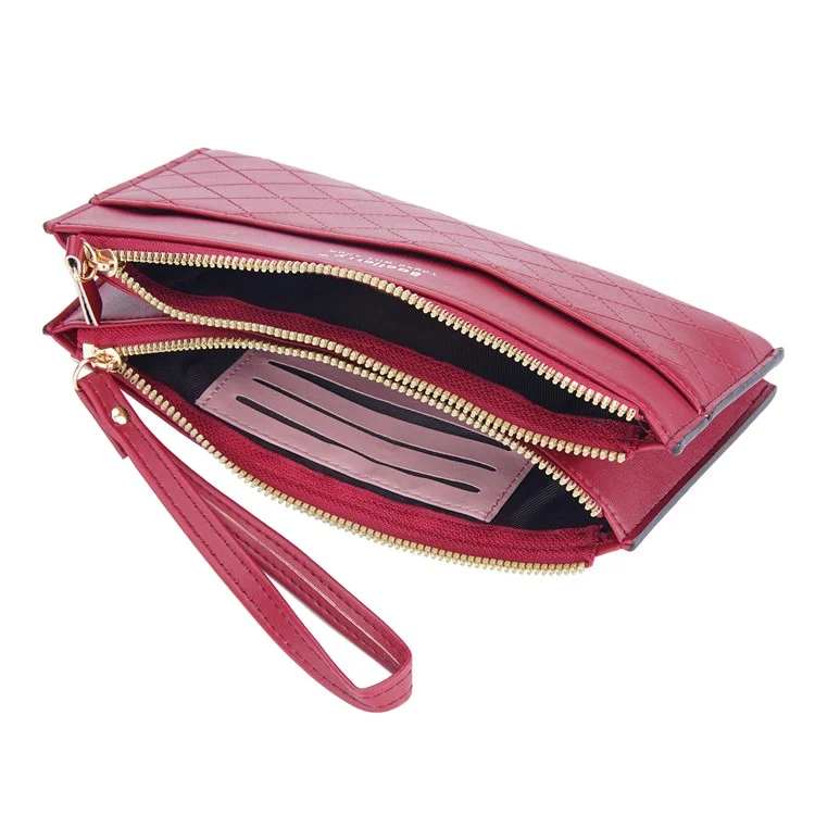 BAELLERRY N3238 Rhombus Stitching Lines Double Zipper Cellphone Clutch Women Purse PU Leather Long Wallet with Hand Strap - Rosso