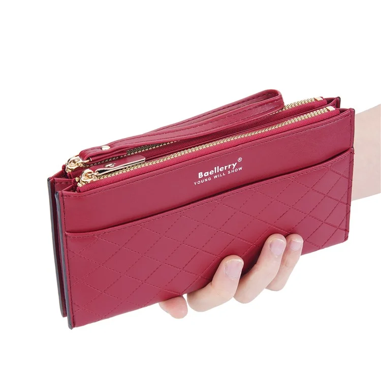 BAELLERRY N3238 Rhombus Stitching Lines Double Zipper Cellphone Clutch Women Purse PU Leather Long Wallet with Hand Strap - Rosso