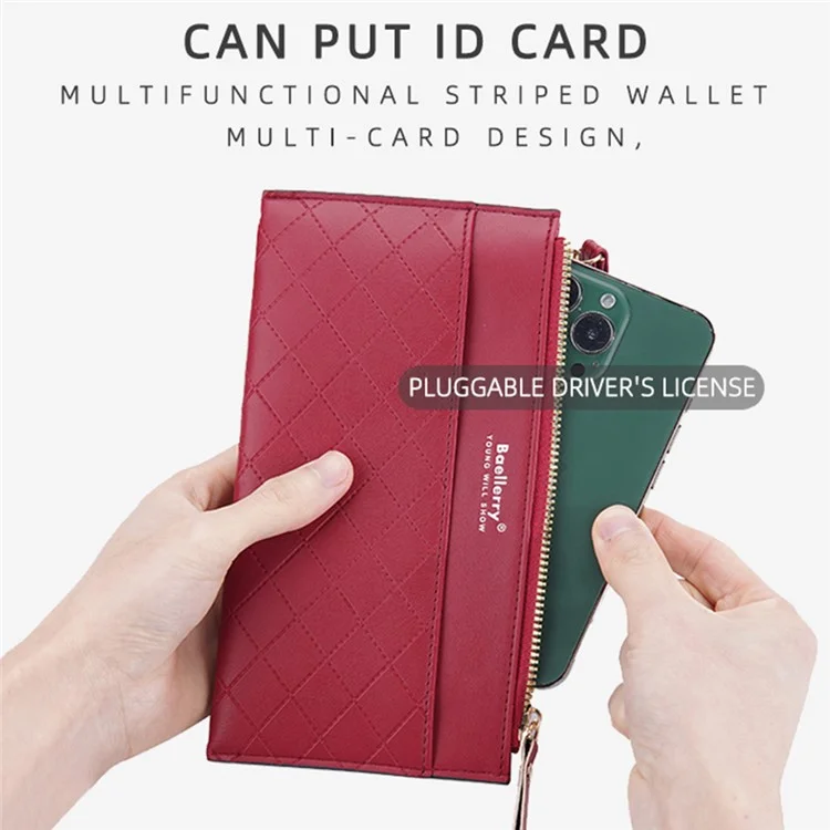 BAELLERRY N3238 Rhombus Stitching Lines Double Zipper Cellphone Clutch Women Purse PU Leather Long Wallet with Hand Strap - Rosso