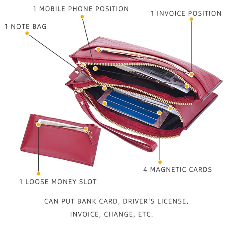 BAELLERRY N3238 Rhombus Stitching Lines Double Zipper Cellphone Clutch Women Purse PU Leather Long Wallet with Hand Strap - Rosso