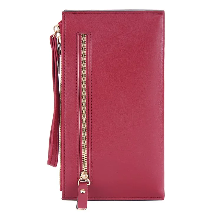 BAELLERRY N3238 Rhombus Stitching Lines Double Zipper Cellphone Clutch Women Purse PU Leather Long Wallet with Hand Strap - Rosso