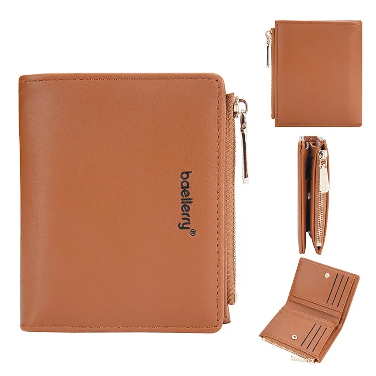 BAELLERRY N8113 Portefeuille pliant portable à fermeture éclair avec poche - Marron