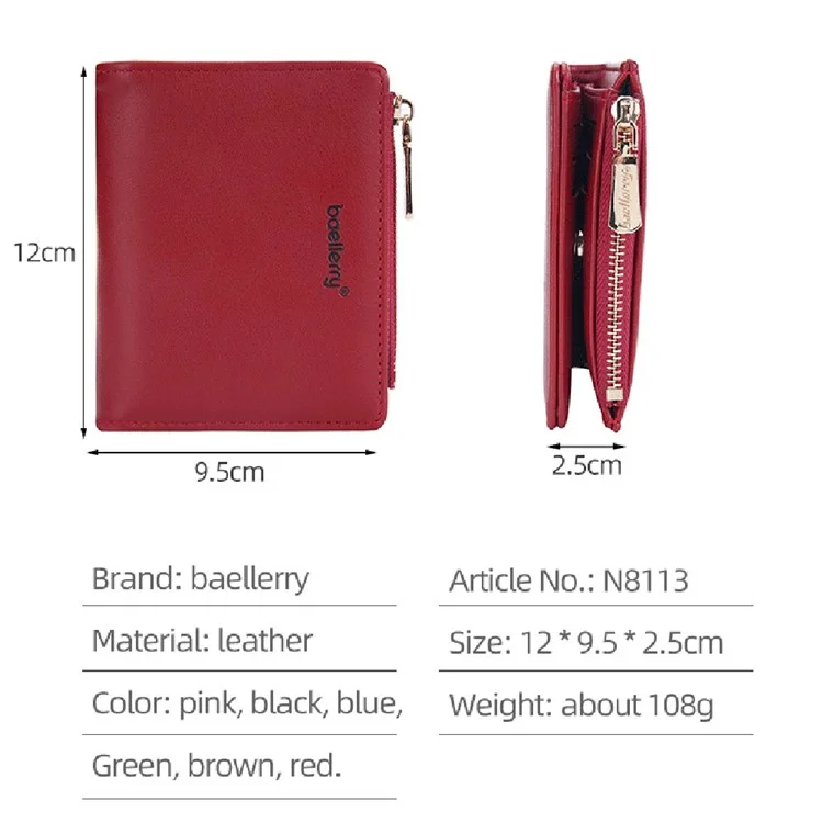 BAELLERRY N8113 Portefeuille pliant portable à fermeture éclair avec poche - Marron