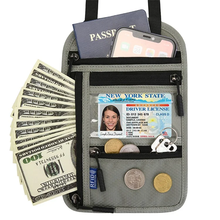 Neck-Mounted ID Card Holder Bag Patch Badge Holder Neck Lanyard Credit Card Organizer with RFID Blocking Function - Light Grey