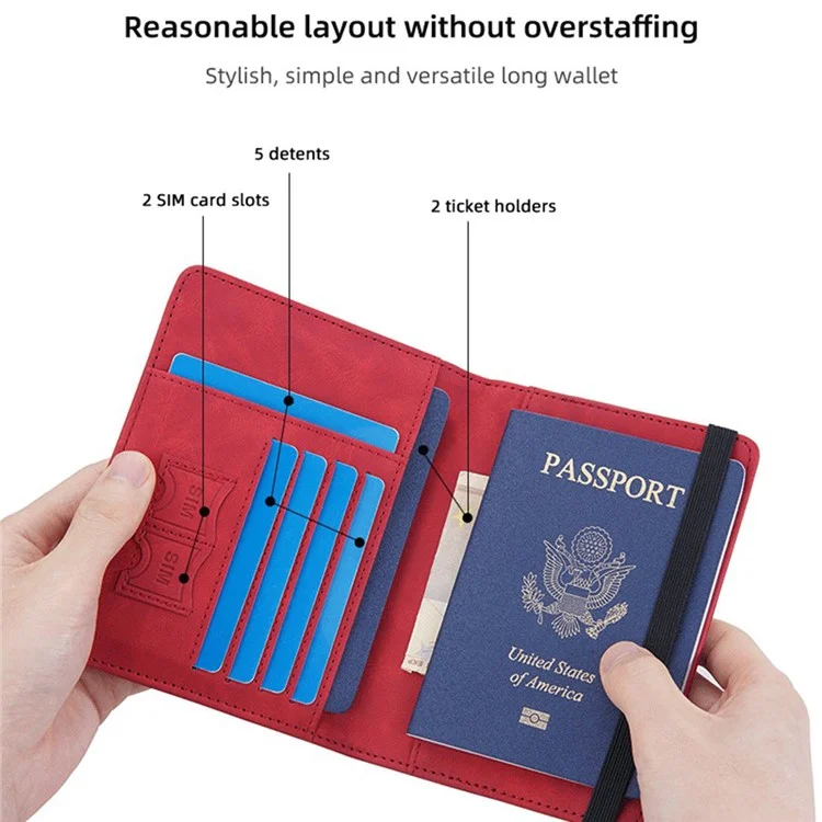 BAELLERRY N2379 Banda Elástica Capa de Passaporte de Couro PU com Bloqueio RFID Carteira de Viagem - Vermelho