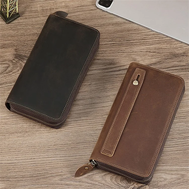 2061 Top Layer Cowhide Leather Long Wallet for Men RFID Blocking Organ Card Holder Clutch Zipper Coin Purse - Coffee