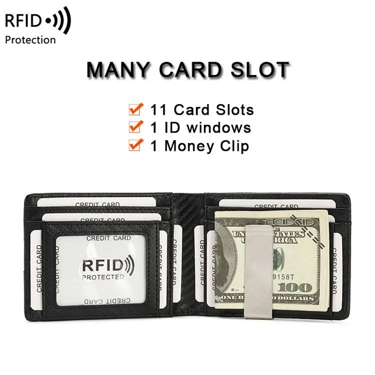 Tarjeta de Fibra de Carbono Bolsa Bloqueadora de RFID, Titular de Efectivo Portátil, Billetera Pequeña para Hombre - Negro