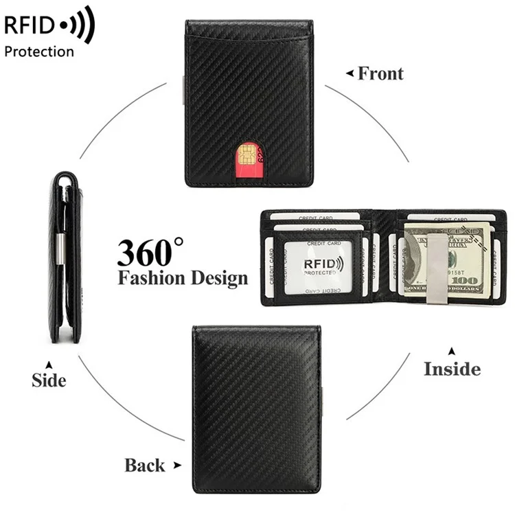 Tarjeta de Fibra de Carbono Bolsa Bloqueadora de RFID, Titular de Efectivo Portátil, Billetera Pequeña para Hombre - Negro