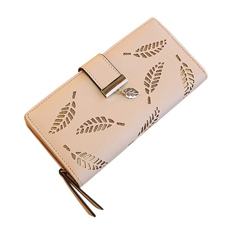 Hollow Leaves PU Leather Wallet for Women Card Holder Long Clutch Bag Zipper Coin Purse - Khaki