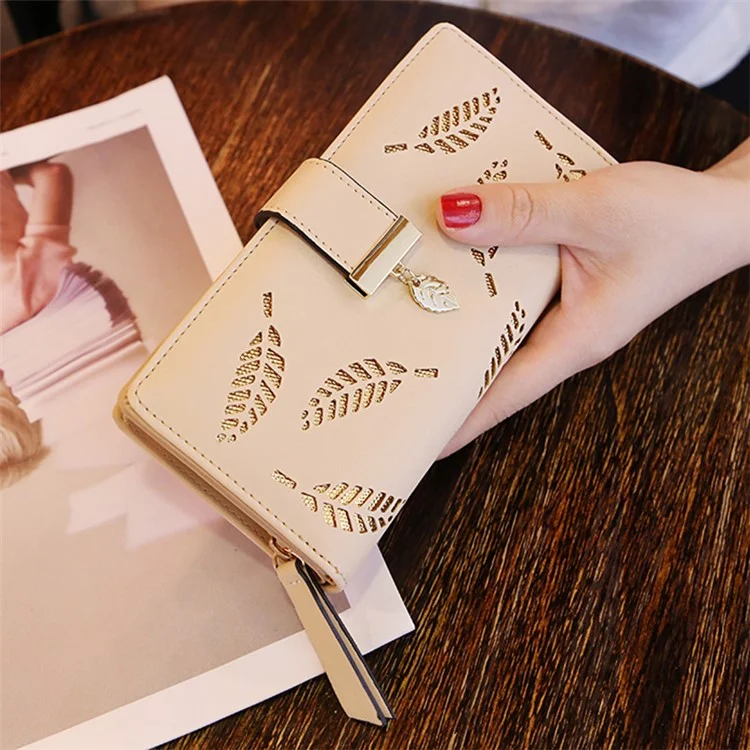 Hollow Leaves PU Leather Wallet for Women Card Holder Long Clutch Bag Zipper Coin Purse - Khaki