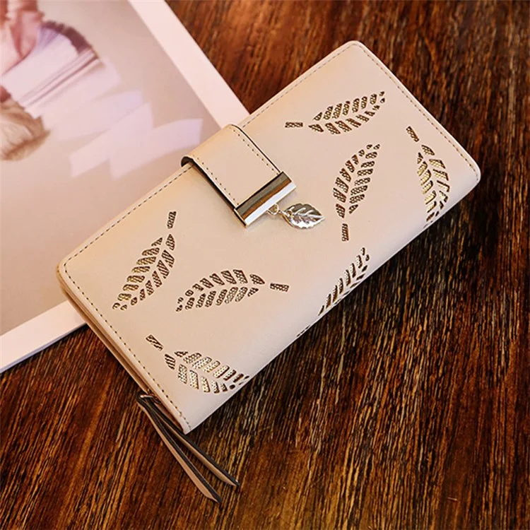 Hollow Leaves PU Leather Wallet for Women Card Holder Long Clutch Bag Zipper Coin Purse - Khaki
