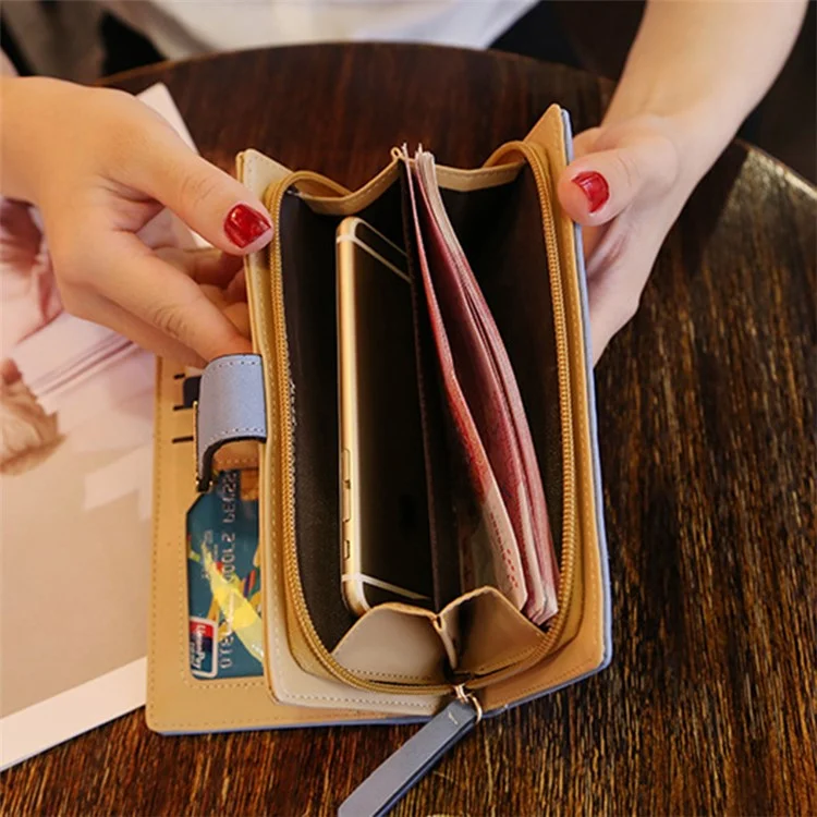 Hollow Leaves PU Leather Wallet for Women Card Holder Long Clutch Bag Zipper Coin Purse - Khaki