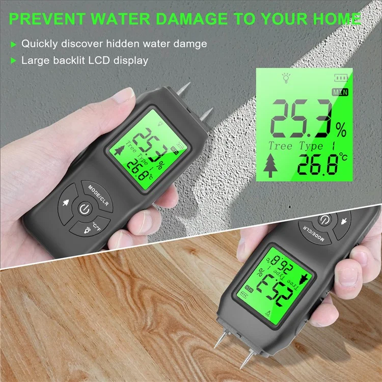 Humidimètre Numérique LCD en Bois Hygromètre Testeur d'Humidité pour Contreplaqué et Bois