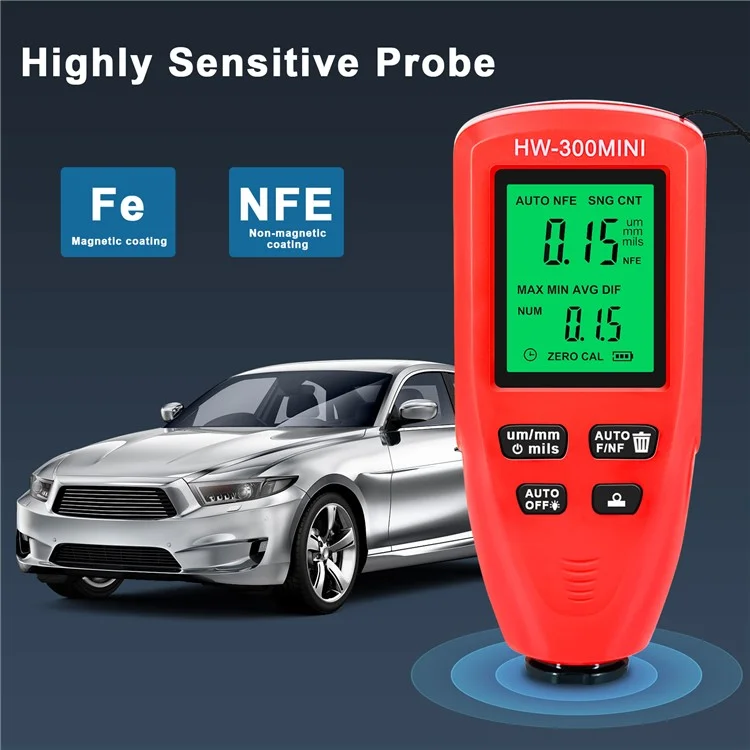 HW300-MINI Coating Thickness Gauge for FE / NFE Coating Thickness Meter Digital Display Measure Device - Red