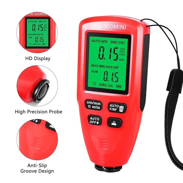 HW300-MINI Coating Thickness Gauge for FE / NFE Coating Thickness Meter Digital Display Measure Device - Red