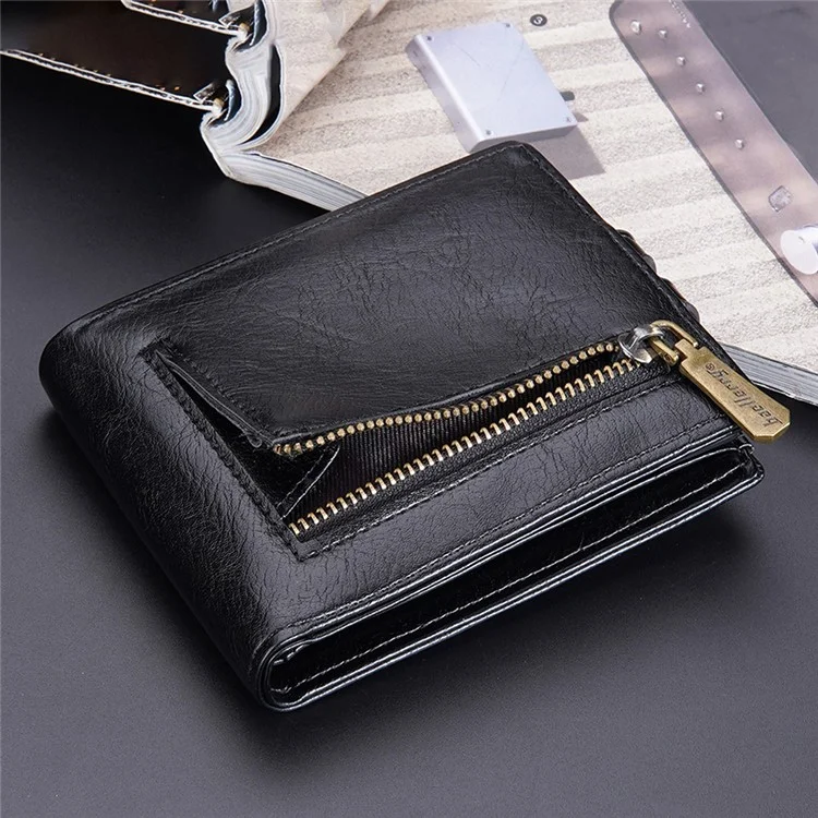BAELLERRY D9215 Leather Men Short Wallet Multi Credit Card Coin Purse Zipper Pocket Billfold - Black