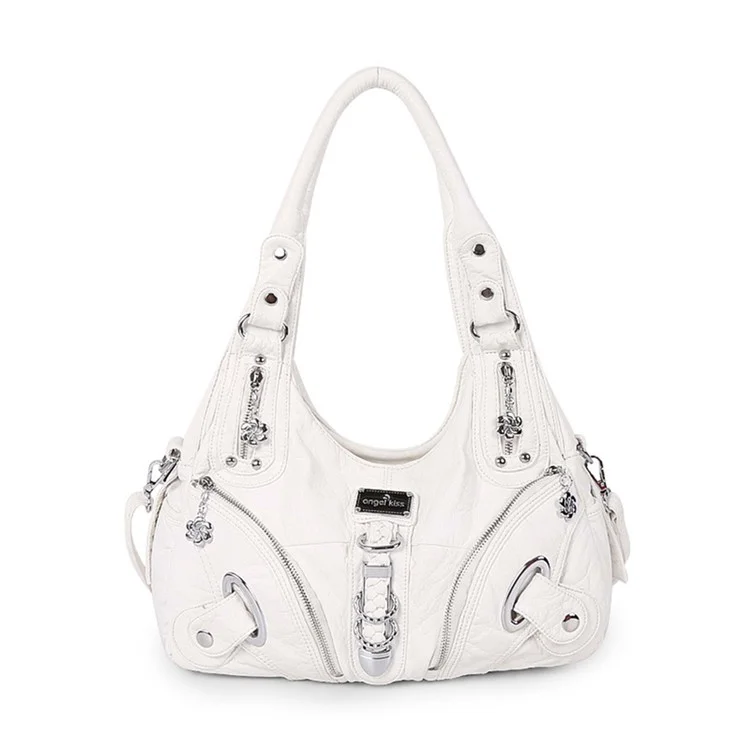 ANGEL KISS KL15962-4 Casual Women Tote Handbag PU Leather Large Capacity Hobo Bag - 158 White