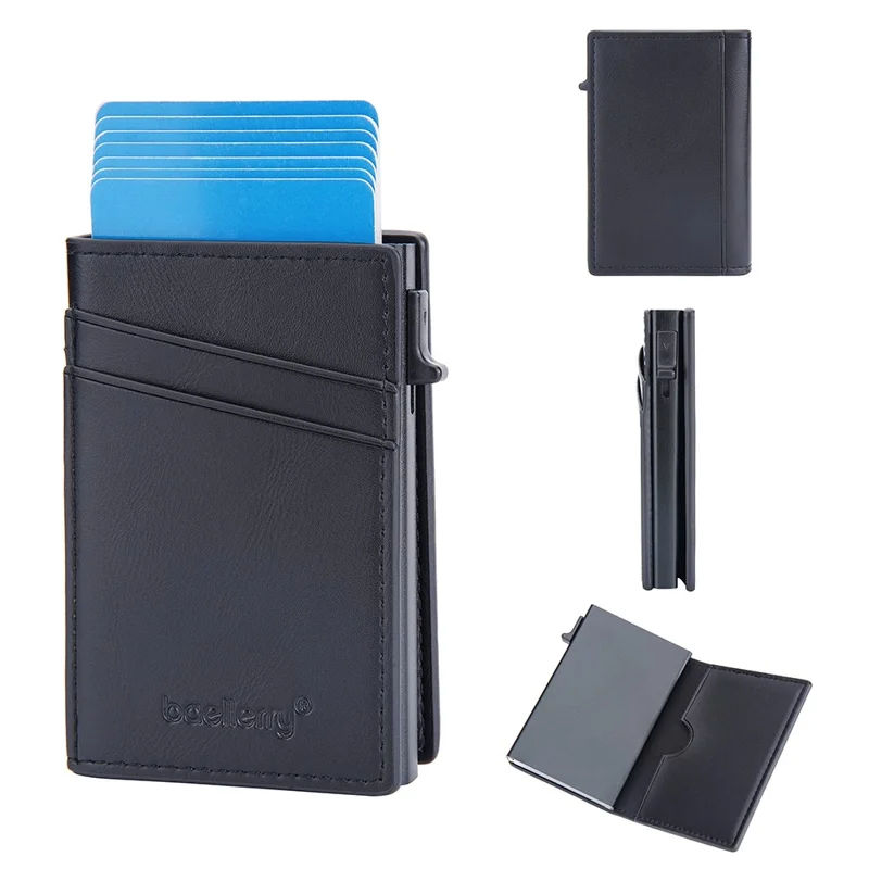 BAELLERRY K9297 RFID Blocking Pop Up Card Holder PU Leather + Zinc Alloy Card Storage Case - Black