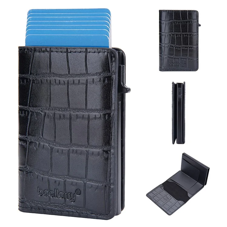 BAELLERRY K9306 Pop Up Card Holder Crocodile Texture PU Leather Zinc Alloy RFID Blocking Card Storage Bag - Schwarz