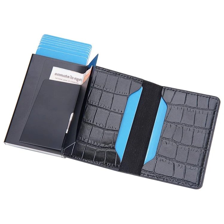 BAELLERRY K9306 Pop Up Card Holder Crocodile Texture PU Leather Zinc Alloy RFID Blocking Card Storage Bag - Black