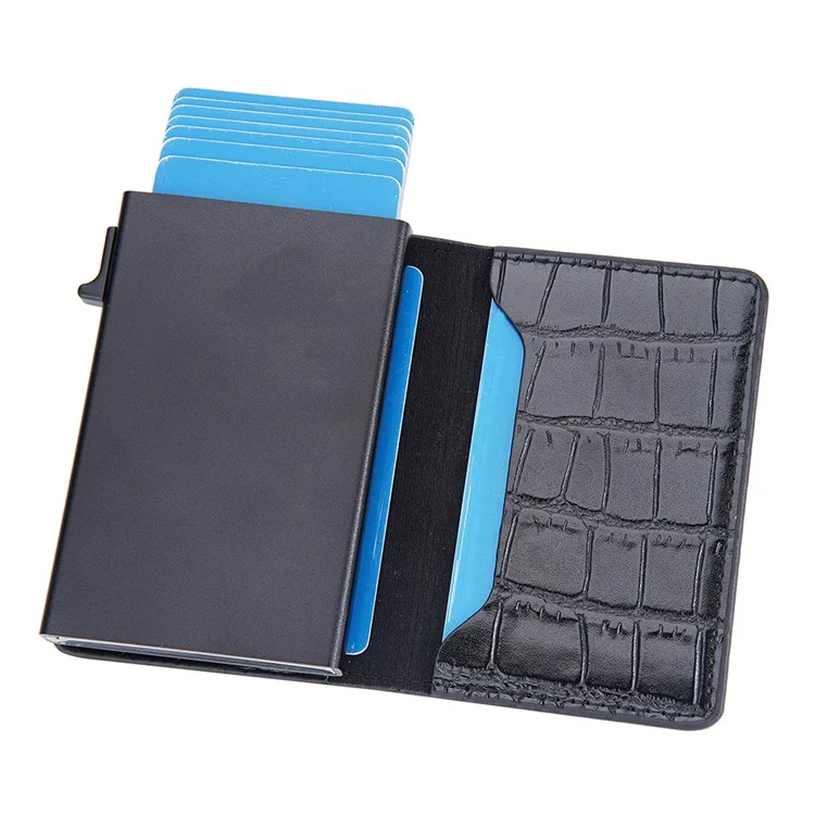 BAELLERRY K9306 Pop Up Card Holder Crocodile Texture PU Leather Zinc Alloy RFID Blocking Card Storage Bag - Black