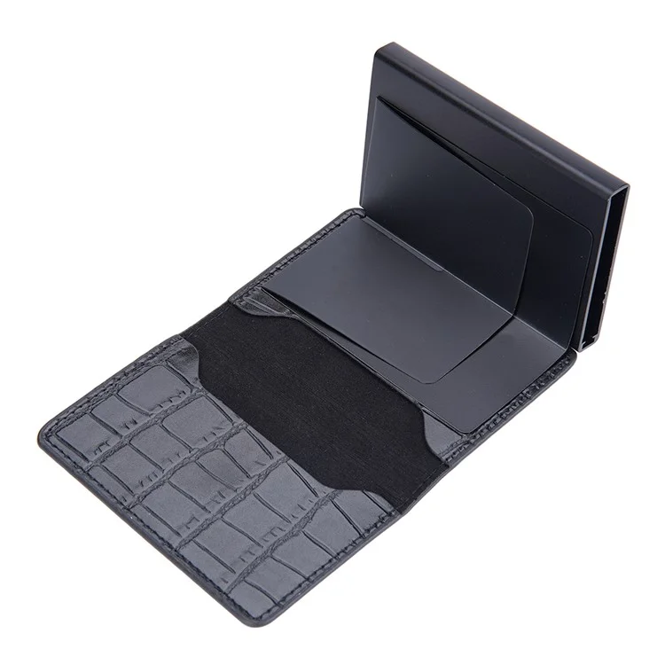 BAELLERRY K9306 Pop Up Card Holder Crocodile Texture PU Leather Zinc Alloy RFID Blocking Card Storage Bag - Black