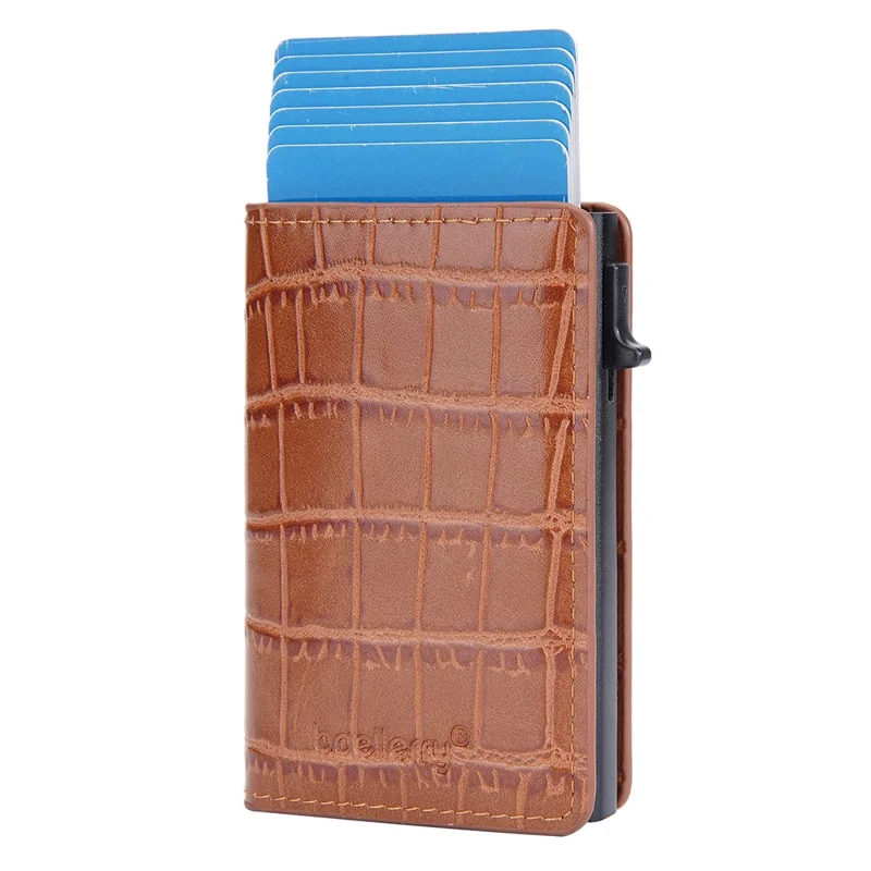 BAELLERRY K9306 Pop Up Card Holder Crocodile Texture PU Leather Zinc Alloy RFID Blocking Card Storage Bag - Brown