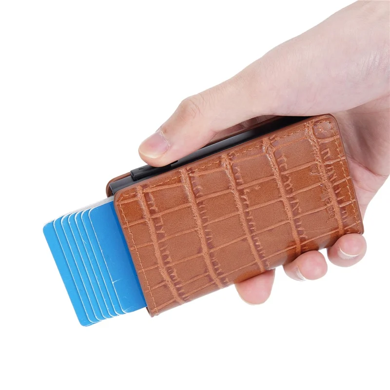BAELLERRY K9306 Pop Up Card Holder Crocodile Texture PU Leather Zinc Alloy RFID Blocking Card Storage Bag - Brown