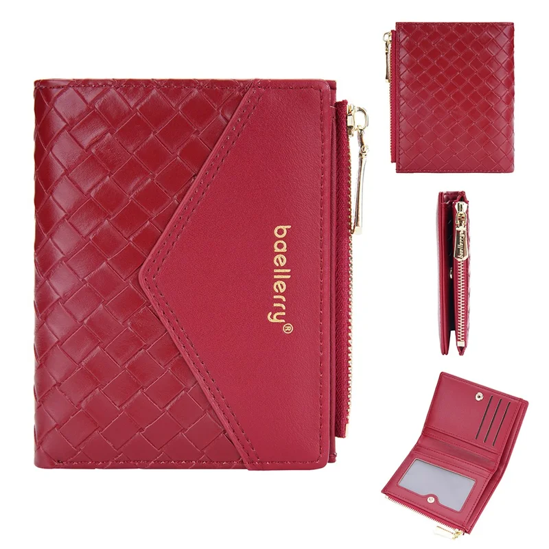 BAELLERRY NR095 Carteira de Design Trançado Splicing PU Leather Card Holder Small Change Coin Storage Bag - Vermelho