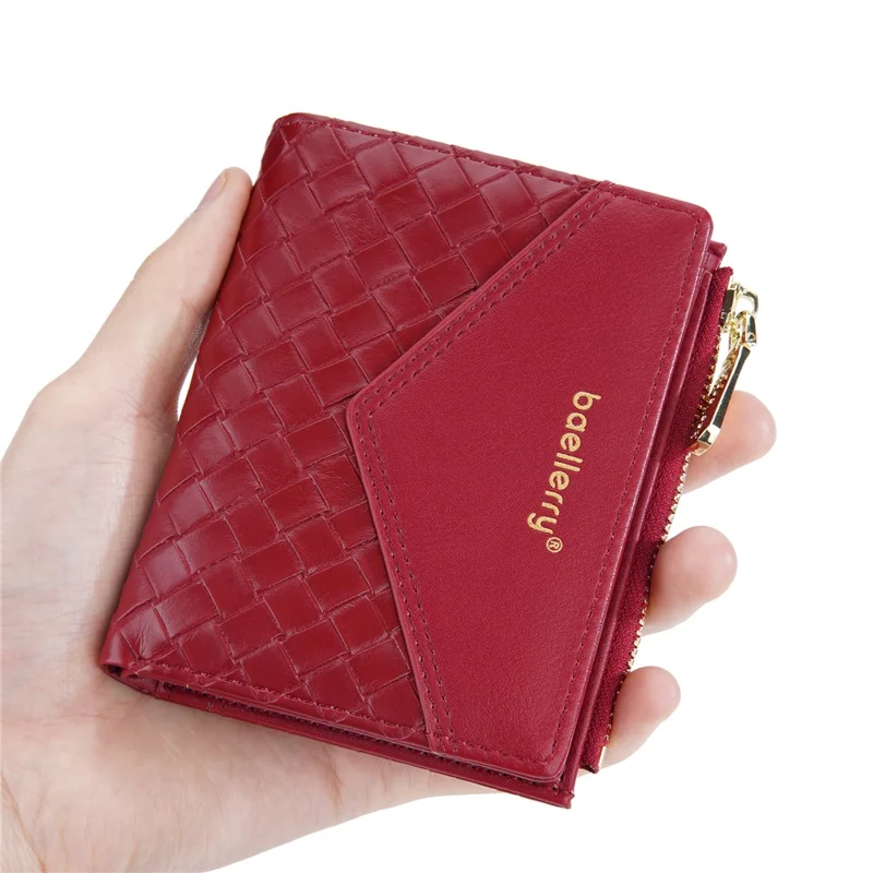 BAELLERRY NR095 Carteira de Design Trançado Splicing PU Leather Card Holder Small Change Coin Storage Bag - Vermelho