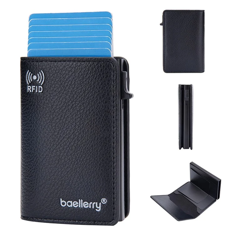 BAELLERRY K9301 Étui à Carte RFID Blocking Pop Up Automatique Texture de Litchi en Alliage de Zinc en Cuir - Noir