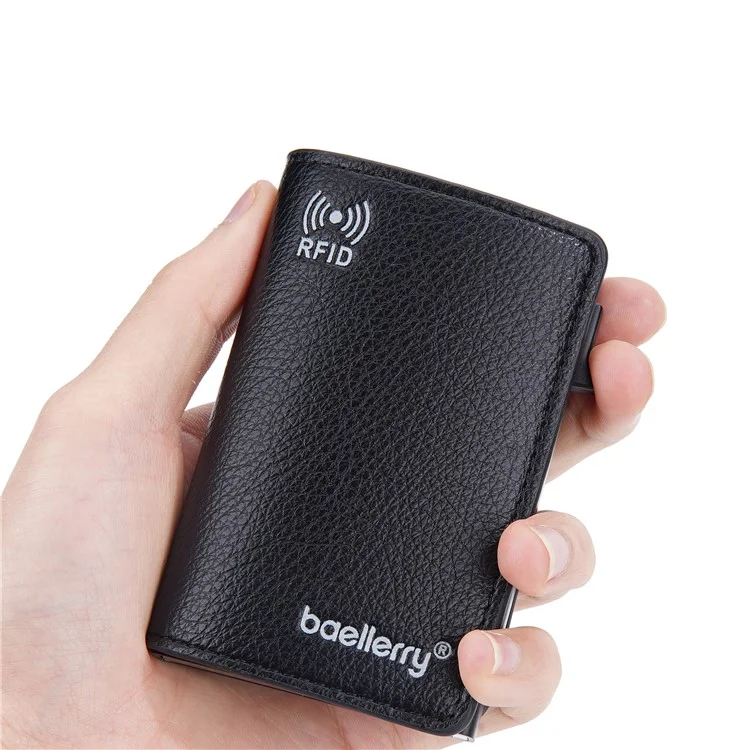 BAELLERRY K9301 Étui à Carte RFID Blocking Pop Up Automatique Texture de Litchi en Alliage de Zinc en Cuir - Noir