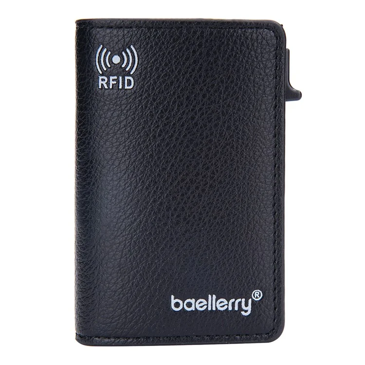 BAELLERRY K9301 Étui à Carte RFID Blocking Pop Up Automatique Texture de Litchi en Alliage de Zinc en Cuir - Noir