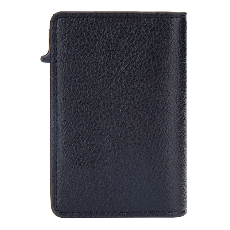 BAELLERRY K9301 Étui à Carte RFID Blocking Pop Up Automatique Texture de Litchi en Alliage de Zinc en Cuir - Noir