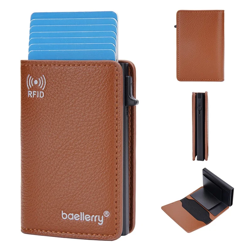 BAELLERRY K9301 RFID Blocking Automatic Pop Up Card Holder Litchi Texture Leather Zinc Alloy Credit Card Case - Brown