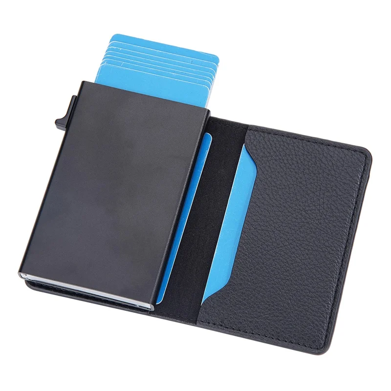 BAELLERRY K9301 RFID Blocking Automatic Pop Up Card Holder Litchi Texture Leather Zinc Alloy Credit Card Case - Brown