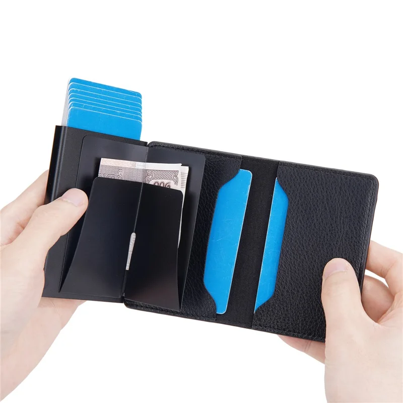 BAELLERRY K9301 RFID Blocking Automatic Pop Up Card Holder Litchi Texture Leather Zinc Alloy Credit Card Case - Brown