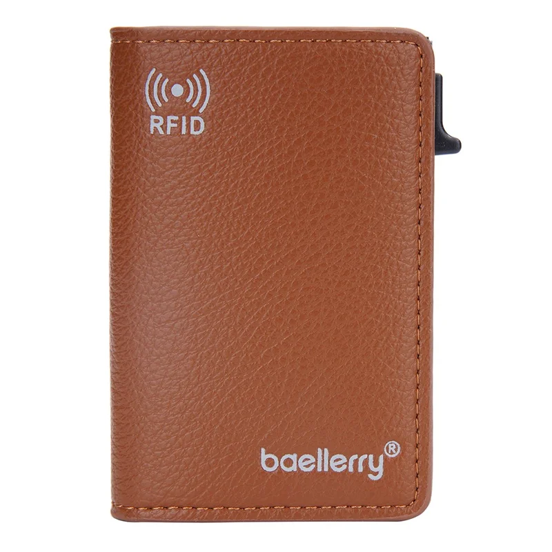 BAELLERRY K9301 RFID Blocking Automatic Pop Up Card Holder Litchi Texture Leather Zinc Alloy Credit Card Case - Brown