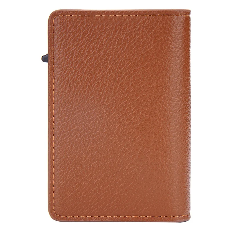 BAELLERRY K9301 RFID Blocking Automatic Pop Up Card Holder Litchi Texture Leather Zinc Alloy Credit Card Case - Brown