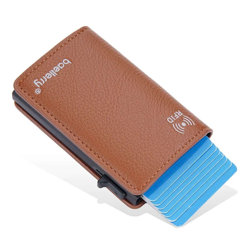 BAELLERRY K9301 RFID Blocking Automatic Pop Up Card Holder Litchi Texture Leather Zinc Alloy Credit Card Case - Brown