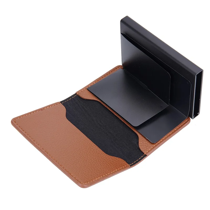 BAELLERRY K9301 RFID Blocking Automatic Pop Up Card Holder Litchi Texture Leather Zinc Alloy Credit Card Case - Brown