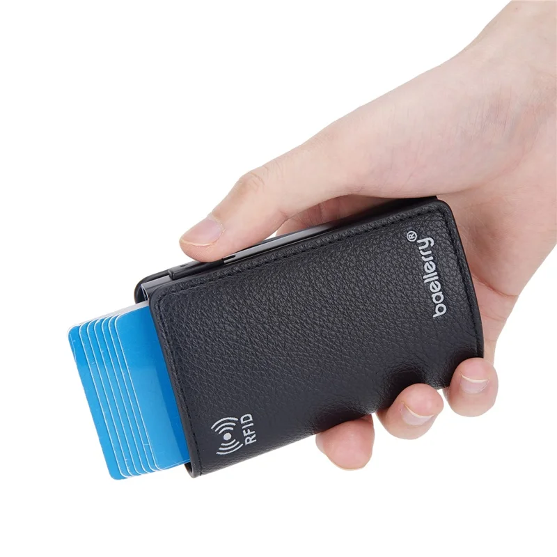 BAELLERRY K9301 RFID Blocking Automatic Pop Up Card Holder Litchi Texture Leather Zinc Alloy Credit Card Case - Brown